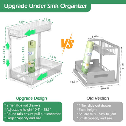 ADRIMER Under Sink Organizer 2 Packs, Pull Out Kitchen Sink Organizer, 2 Tier Slide Out Kitchen Organizers and Storage Bathroom Under Cabinet Storage Shelf, Transparent & White