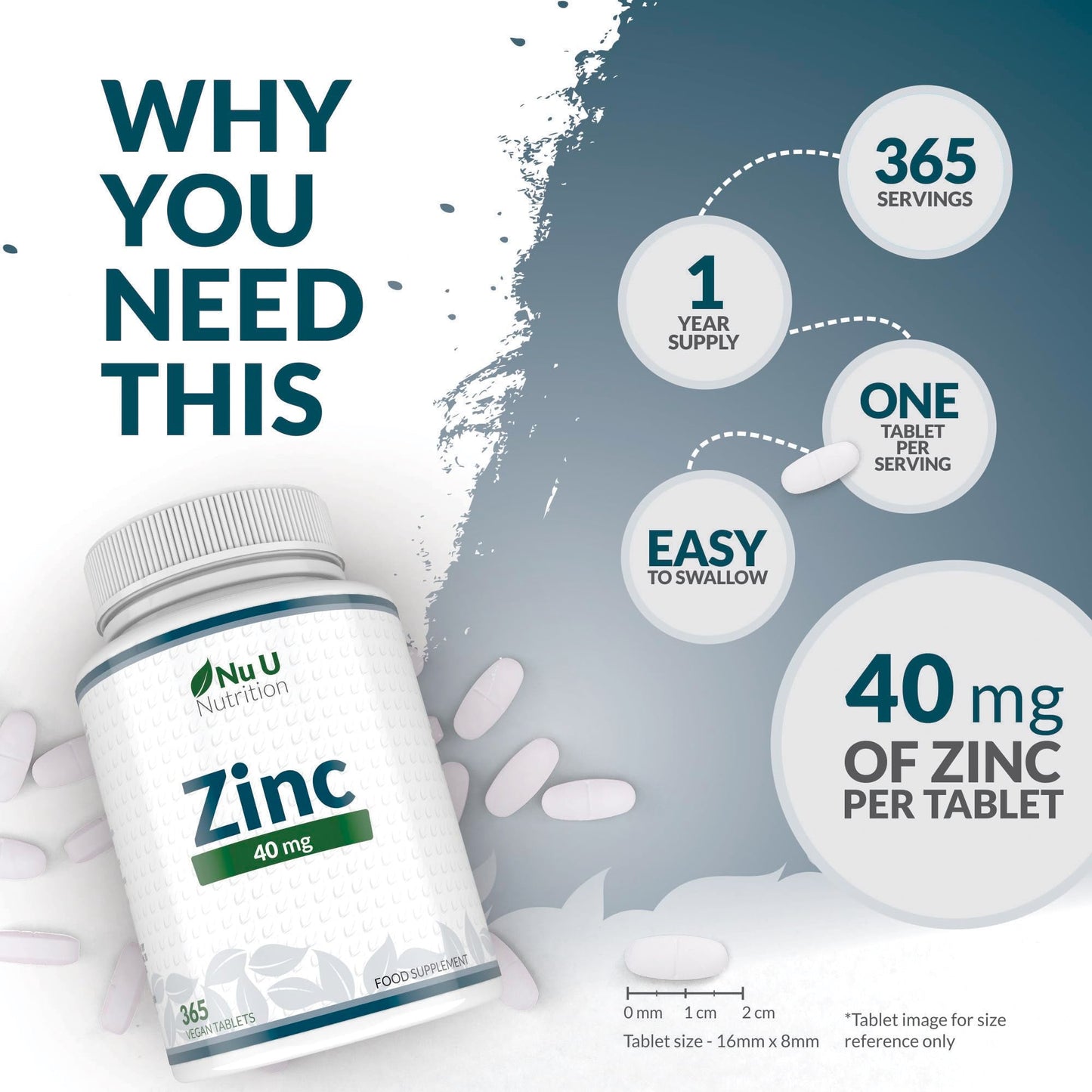 Zinc Tablets 40mg - 365 Vegan Tablets - 1 Year Supply - 1 a Day - Easy to Swallow Zink Gluconate - Supplement for Men & Women - Made in The UK - Nu U Nutrition