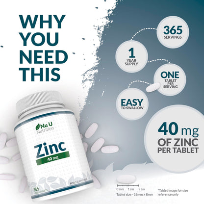Zinc Tablets 40mg - 365 Vegan Tablets - 1 Year Supply - 1 a Day - Easy to Swallow Zink Gluconate - Supplement for Men & Women - Made in The UK - Nu U Nutrition