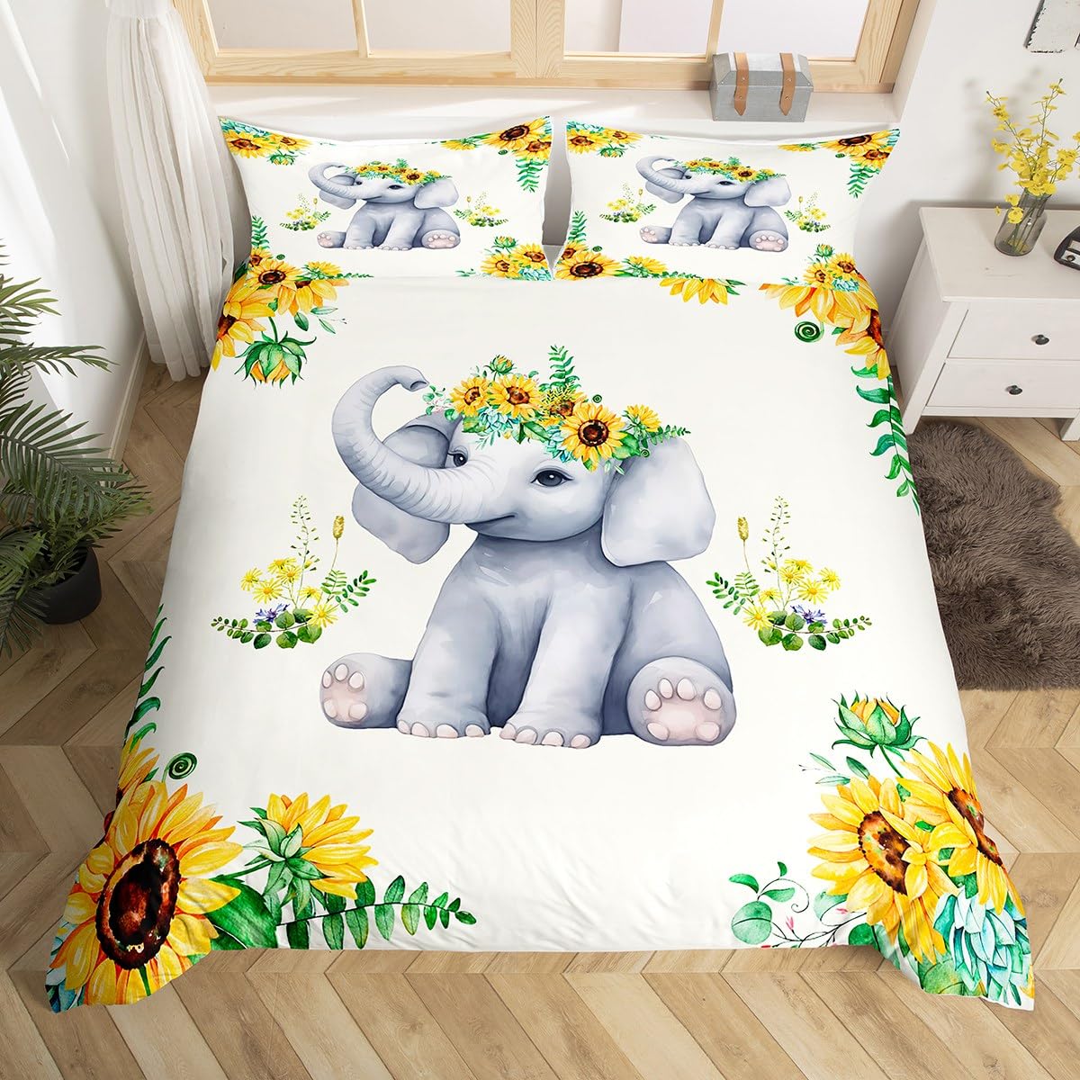 Cute Elephant Kids Duvet Cover Set King Size,Boys Girls Adults Cabin Decor,Sunflowers Plants Rustic Farmhouse Comforter Cover,Cartoon Animal Kawaii Bedding Set,Bright Quilt Cover,2 Pillowcases