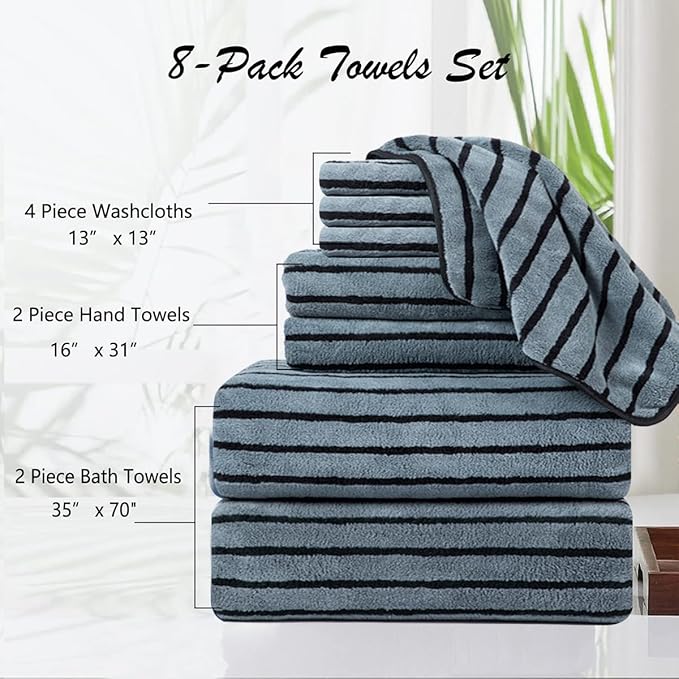 8 Pcs Grayish Blue Cabana Stripe Large Bath Towel Oversized Bath Sheet-2