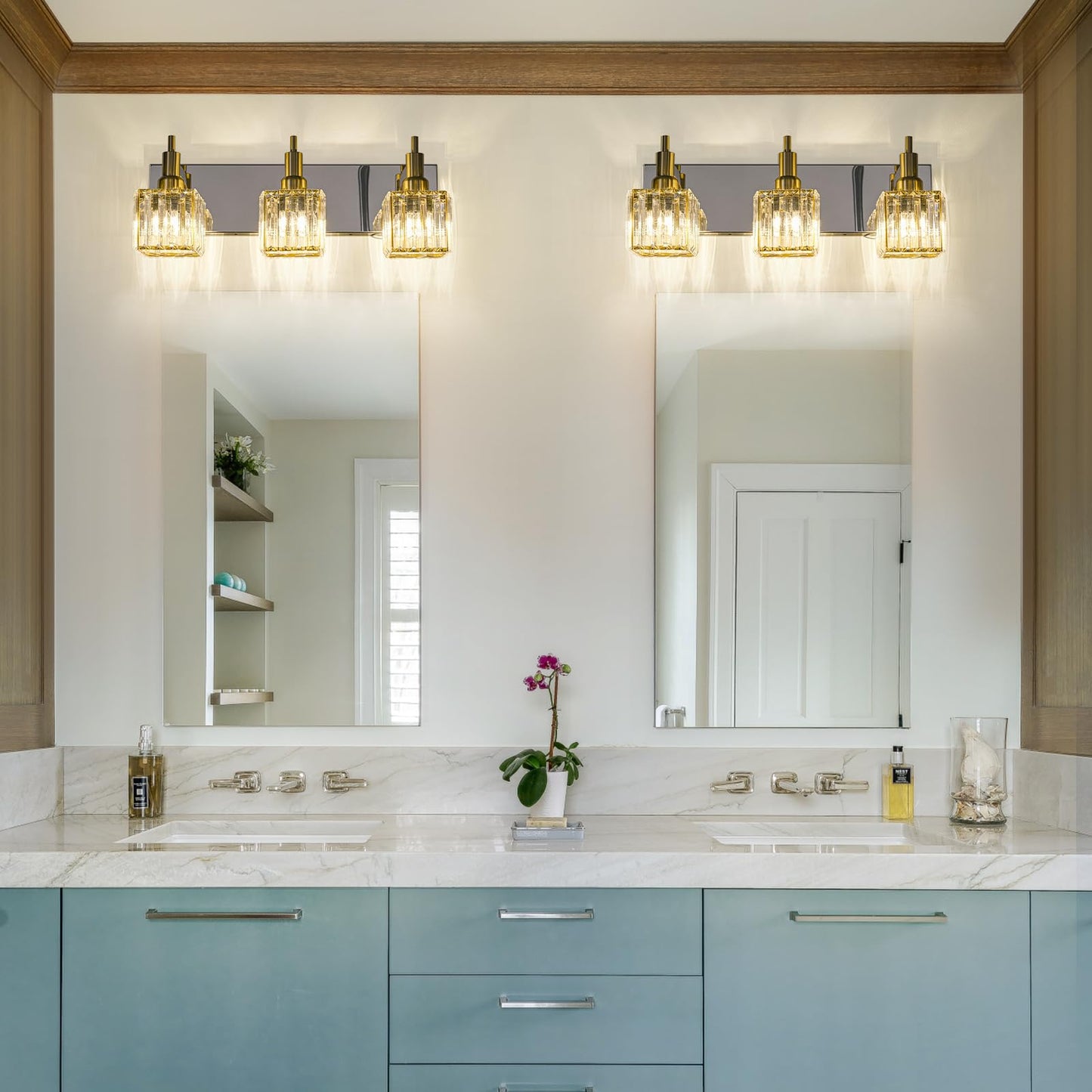 HUOKU Crystal Bathroom Vanity Light Gold Chrome 3-Light Modern Bathroom Lighting Fixtures Over Mirror Square Wall Sconce