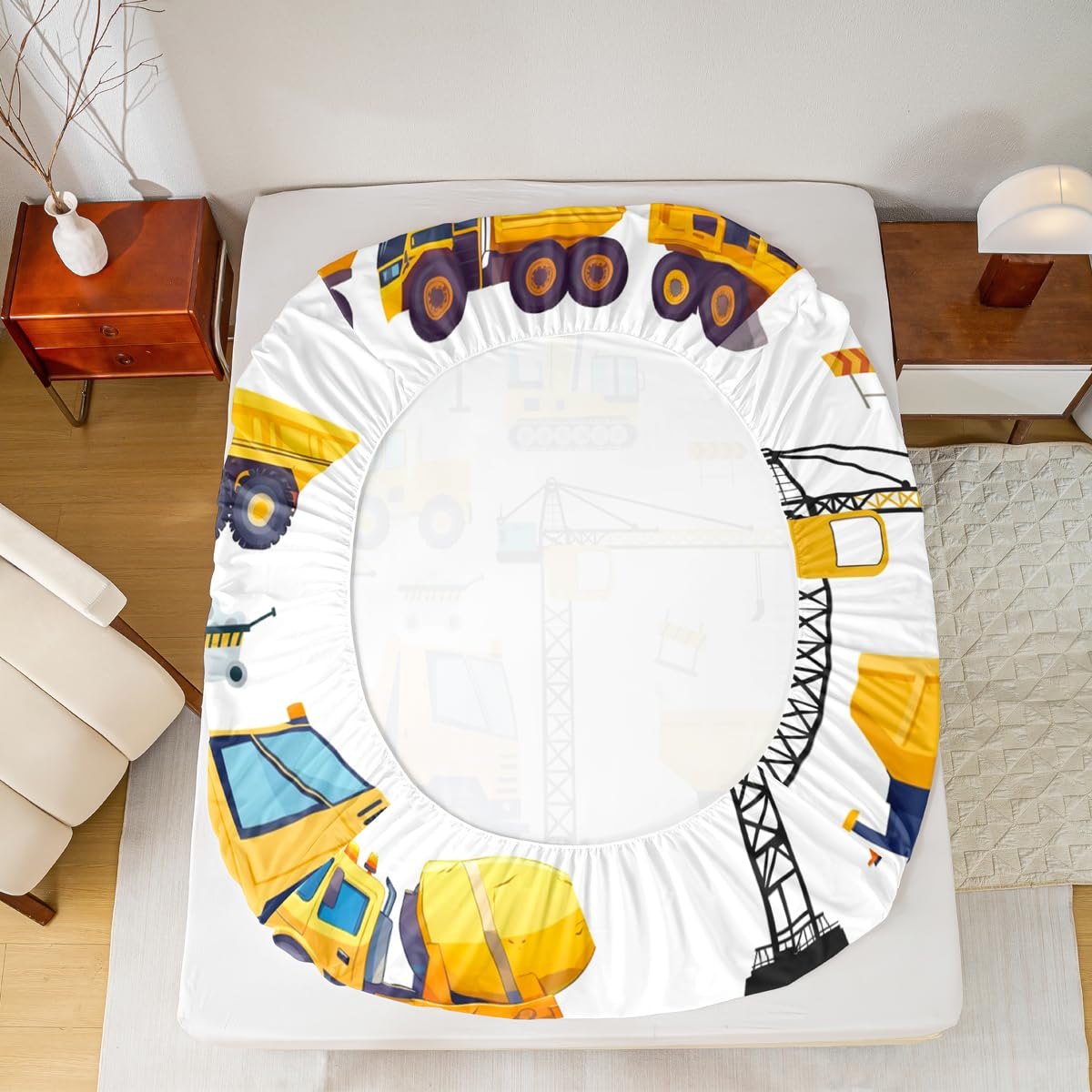 Erosebridal Kids Construction Bed Sheets Twin Excavator Truck Fitted Sheet for Boys Tractor Vehicle Toddler Bedding Sheets Cartoon Car Bed Set Yellow Blue 1 Pillow Case Child Room Decor
