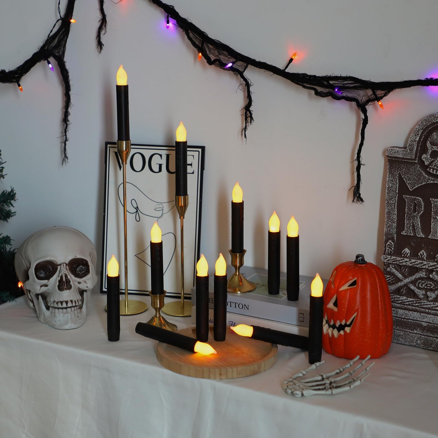 Lezonic 12Pcs Floating Candles with Wand and Remote, Magic Black Flameless Candles Battery Operated, Flikering Hanging LED Taper Candlesticks Halloween Decorations, 0.8" x 6"