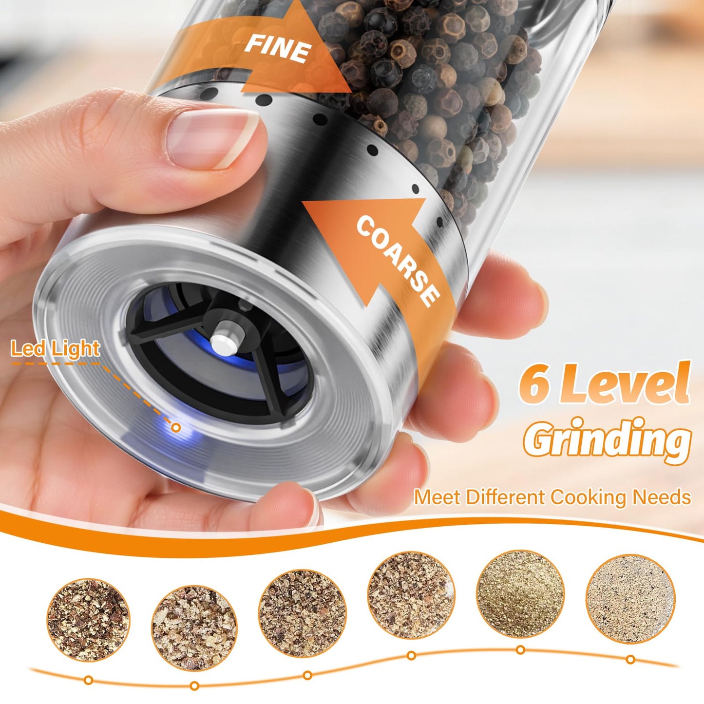 HomeHacks Upgraded Larger Capacity Electric Salt and Pepper Grinder Set, Rechargeable Type-C with LED Light, Stainless Steel Automatic & 6 Adjustable Coarseness, Ideal as Mothers Day Gifts
