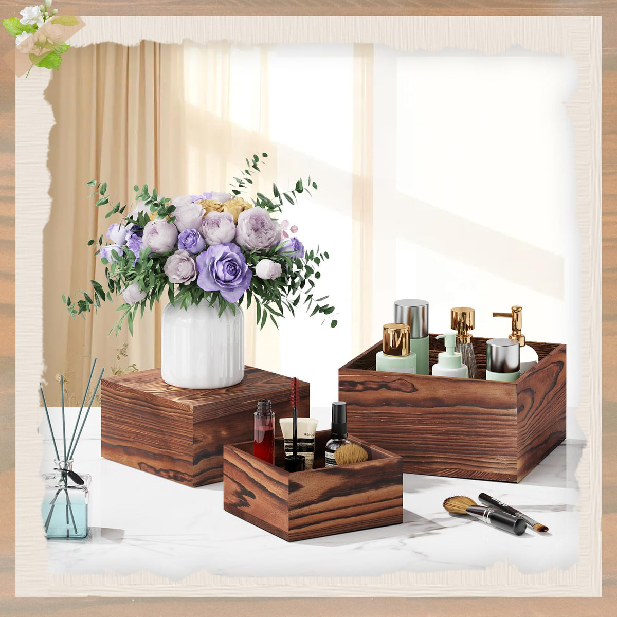 MUNNAR 6 PCS Wooden Buffet Risers, Wood Display Risers for Food, Wooden Square Risers Display Stands, Food Risers for Buffet Table (10", 9" , 8", 7", 6", 5") with 67" Faux Greenery Vine