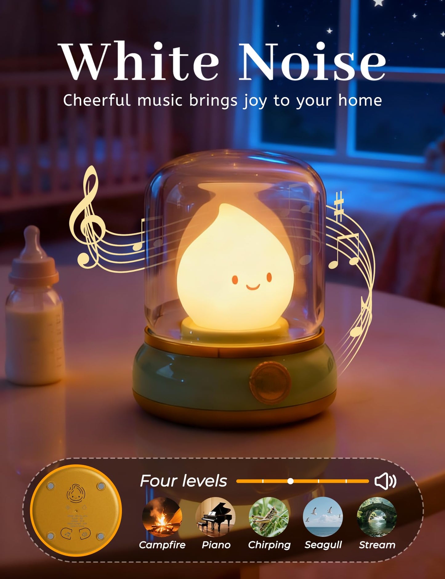 BANDIANCY Cute Smiley Night Light with White Noise, Vintage Flickering Flame Lamp, USB Rechargeable Dimmable Sleep Timer, Cozy Lamp Sleep Aid Sound Machine for Bedroom