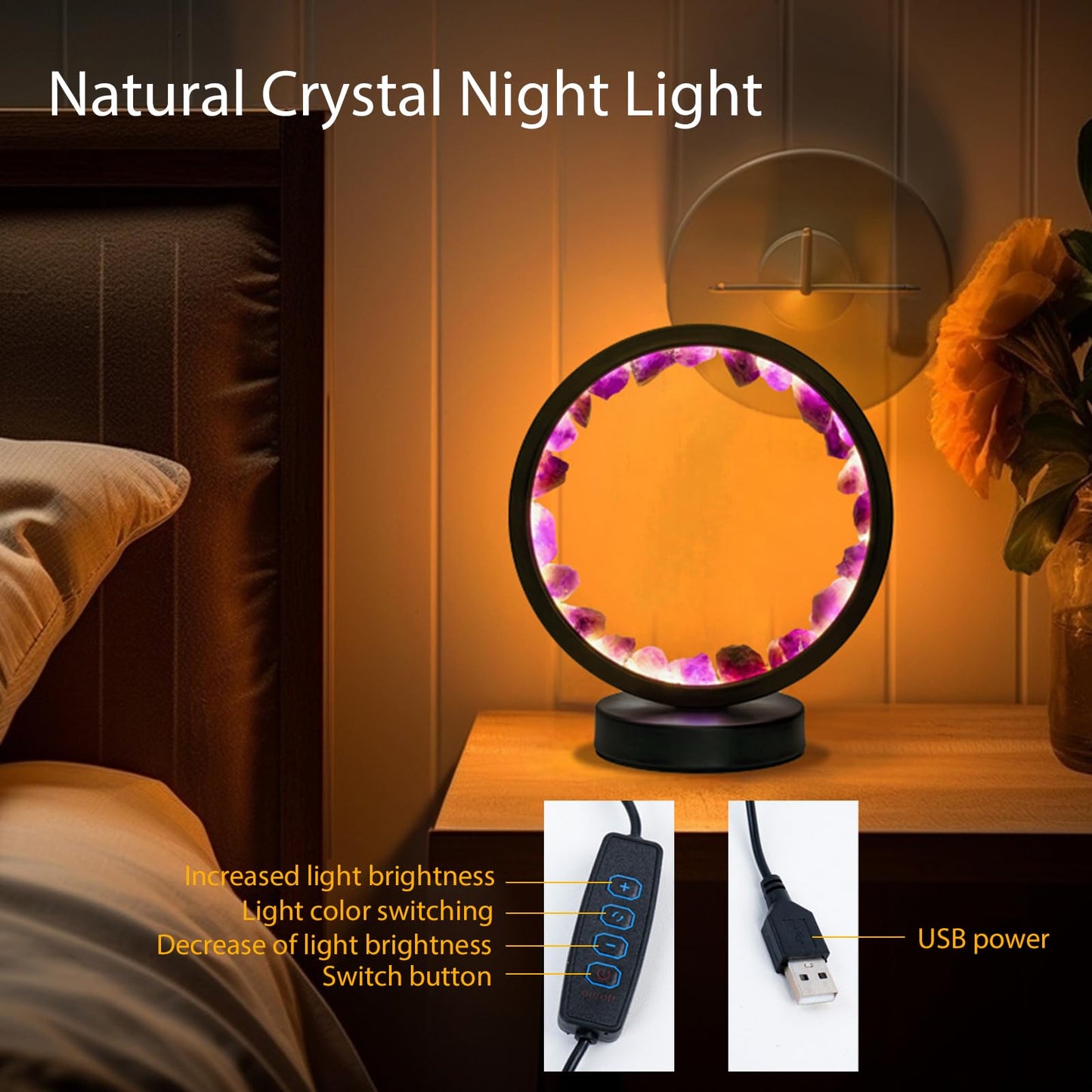 Runyangshi Runyansghi Amethyst Night Lamp 8.6'' Natural Healing Crystal Bedside USB Port 3 Colours Dimming Mode Bedroom Suitable Light for Living Room Office Home Decor Ideal Gift