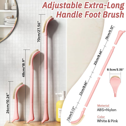 GEENOA Foot Brush/Foot File/Silicone Body Scrubber Set(3PCS), 3-in-1 Foot Scrubber with Long Handle, 10.2’’-27.5’’Adjustable Foot Scrub Brush with Foot File and Silicone Loofah, Gift-Box(Pink Set)