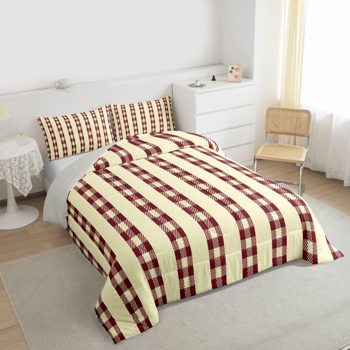 jejeloiu Red Brown Plaid Comforter Set All Season Stripes Bedding Set with 2 Pillow Cases Check Checkered Microfiber Kids Queen Bedclothes Grid Geometric Bedroom Decor Duvet Quilt Breathable Soft