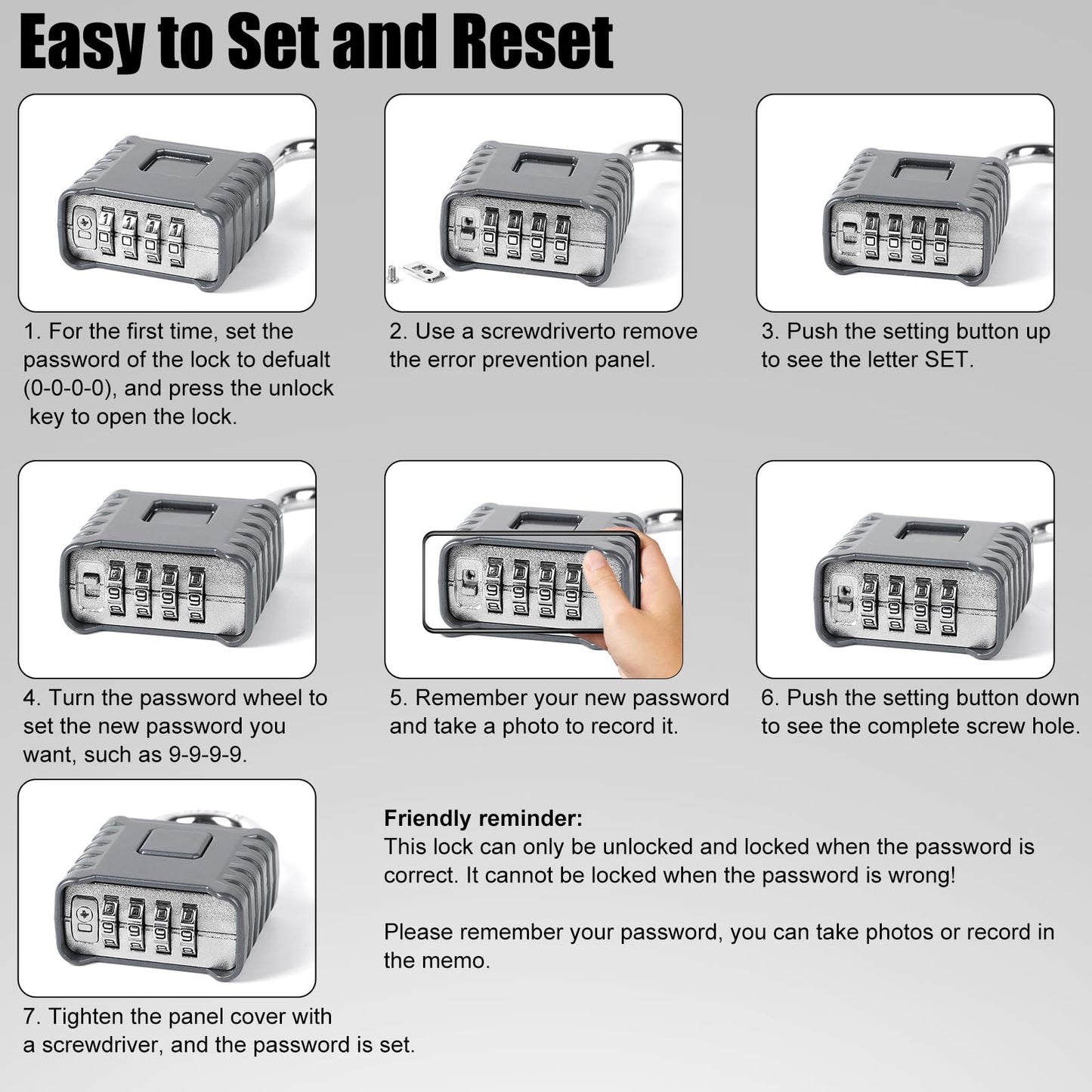 1 Pack disecu Heavy Duty 4 Digit Combination Lock, One Touch Unlocking, Anti-Error Feature, High Security Waterproof Large Outdoor Padlock for School Gym Locker, Fence, Gate, Storage Unit (Grey)