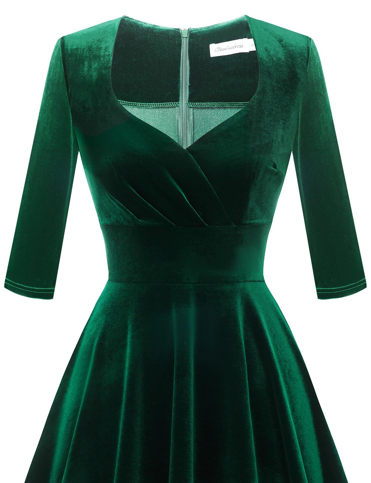 Bbonlinedress Women Long Sleeve Velvet Formal Vintage Cocktail Party Winter Christmas Wedding Guest Dress V-Dark Green XL