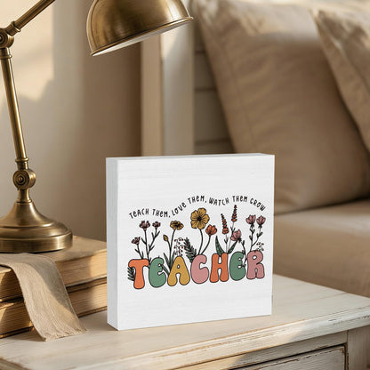 GWOKPAAI Boho Teacher Floral Wooden Box Signs Desk Decor, Teacher Appreciation Gifts, End of the Year Teachers Gifts Wooden Signs Desk Decorations for Home Office Workplace Tabletop Shelf Wall, 5x5in