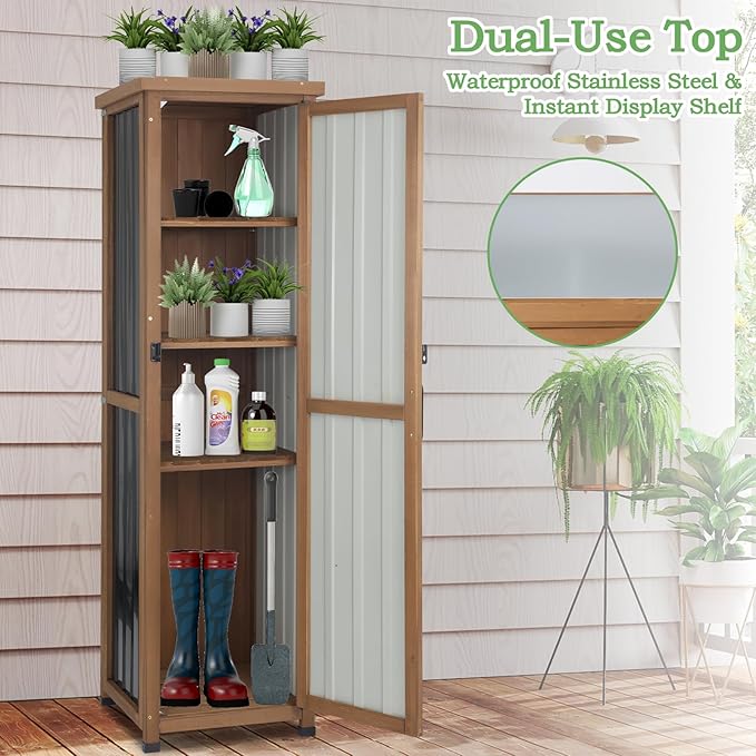 62" H Outdoor Corner Storage Cabinet with Lockable Doors, Outdoor Indoor Small Storage Cabinet with Metal Top, 3 Adjustable Shelves for Patio, Porch, Entryway or Small Spaces