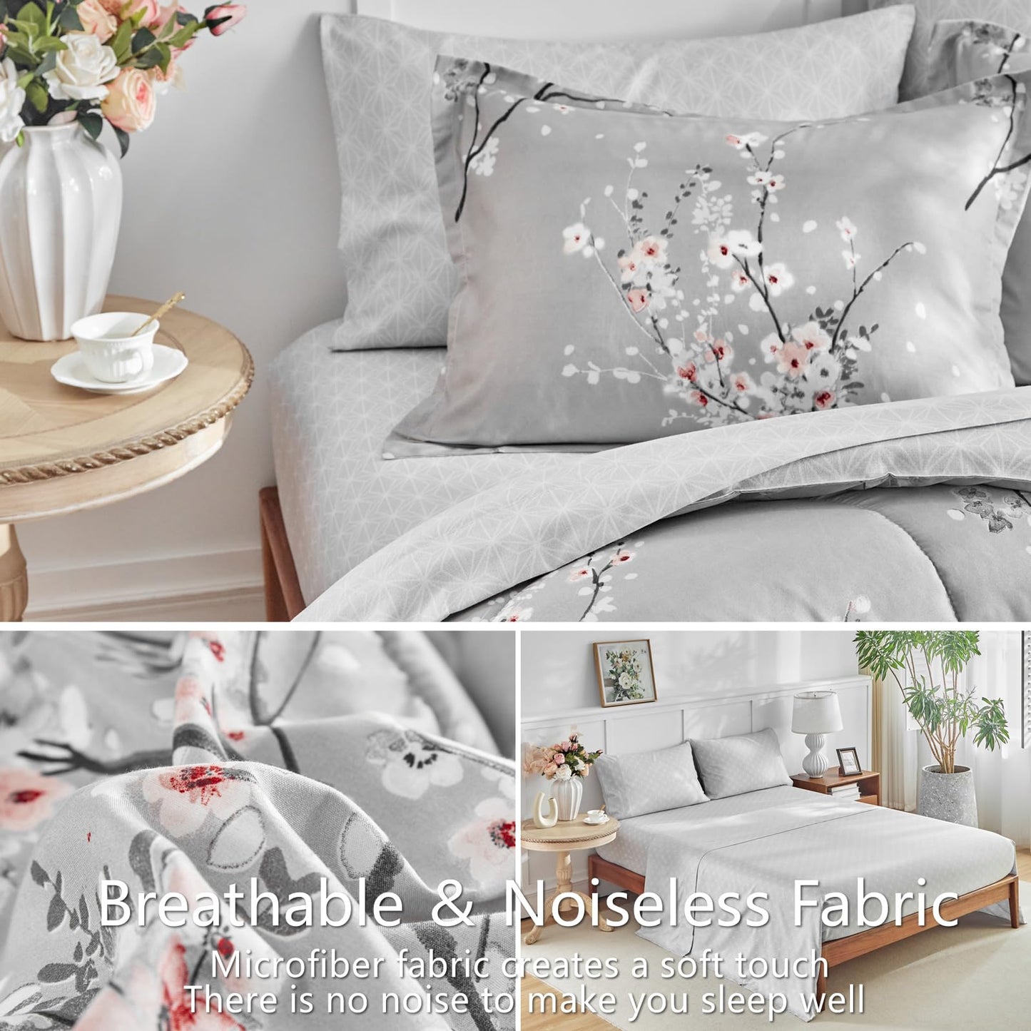 AIKASY Bed in a Bag 7 Pieces Queen Size - Floral Print - Soft Microfiber, Reversible Bed Comforter Set (1 Comforter, 2 Pillow Shams, 1 Flat Sheet, 1 Fitted Sheet, 2 Pillowcases)（Grey, Queen）