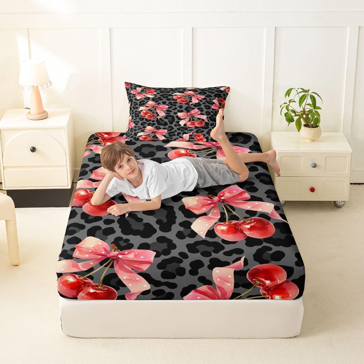 jejeloiu Black Cherry Bow Fitted Sheet Twin Size for Kids Boys Girls Leopard Print Bowknot Bed Sheets Set 16" Deep Pocket Dreamy Princess Bowknot Bedding with 1 Pillowcase Room Decor
