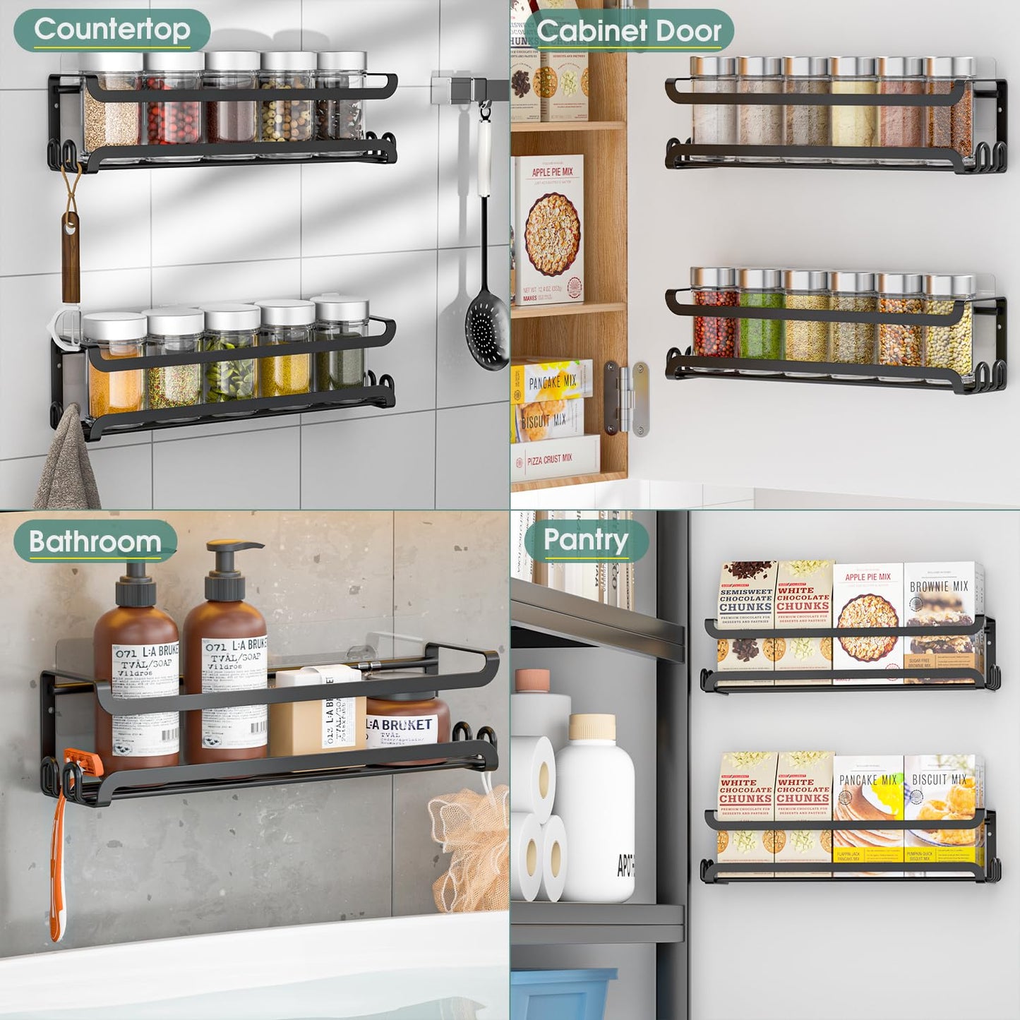 LUCYCAZ 4 Pack Wall Mounted Spice Rack with 16 Hooks, Spice Organizer Shelf for Stove Cabinet Pantry Door,Screw or Adhesive Spice Shelf Hanging Wall Spice Rack in Kitchen and RV (Black, 4 PACK)