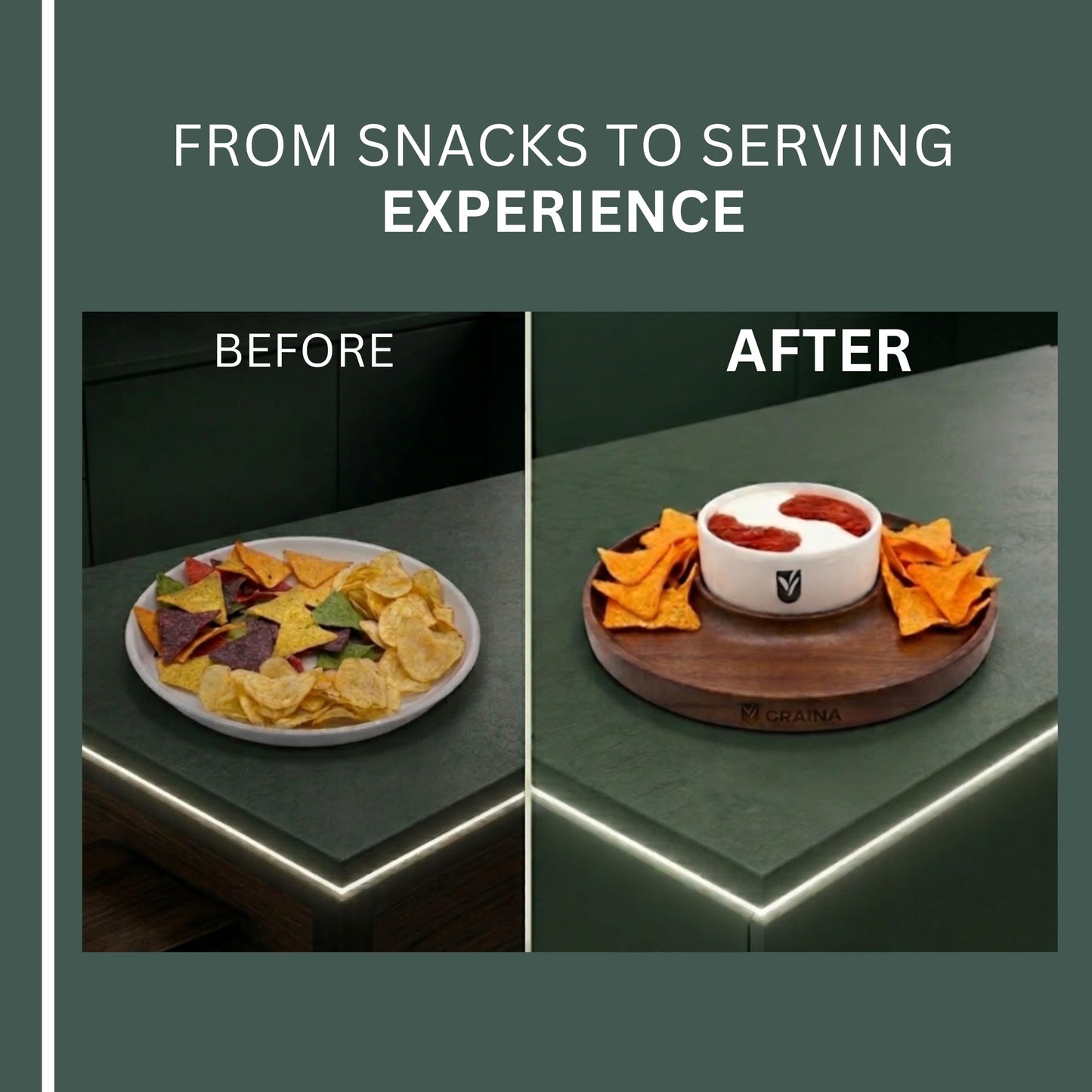 Graina Premium Wooden Chip and Dip Serving Tray Set – Dark Walnut Large Serving Tray with Ceramic Dip Bowl & 2 Wooden Spoons – Chip and Dip Bowl Set for Chips, Snack & Entertaining | Appetizer Platter
