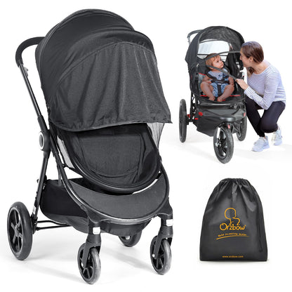 Orzbow Universal Mosquito Net for Pram, Breathable Pram Sun Shade w/UPF 50+, Pram Mosquito Net w/Blackout Cover, Two Way Zipper for Easy Access (Black)