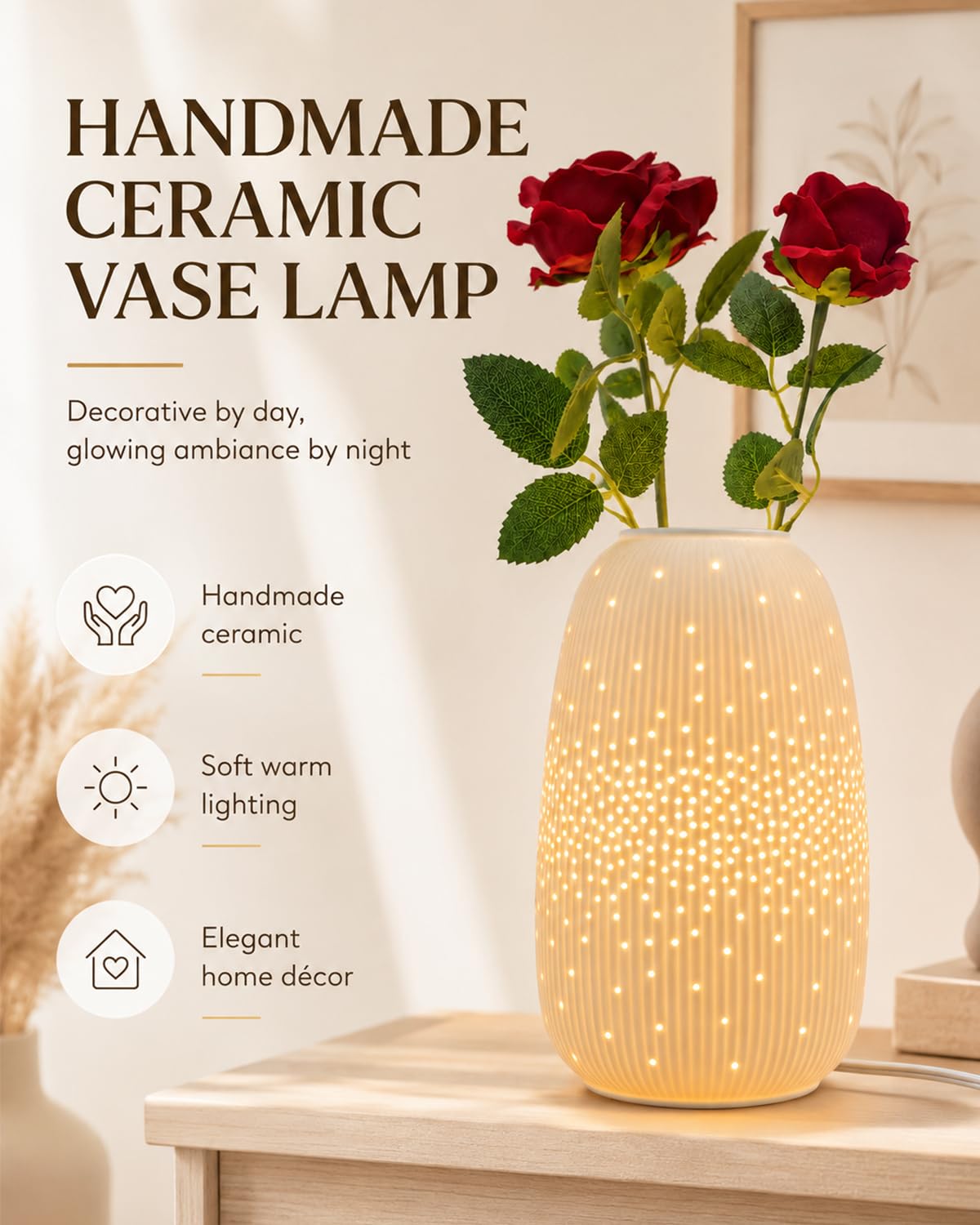 TACAHE Ceramic Vase Table Lamp, 2700K Bulb & 3 Artificial Flowers Included, E12 Socket, Inline Switch, Handmade Openwork Craft, Ambient Light for Living Room Bedroom - Starry 9.3"