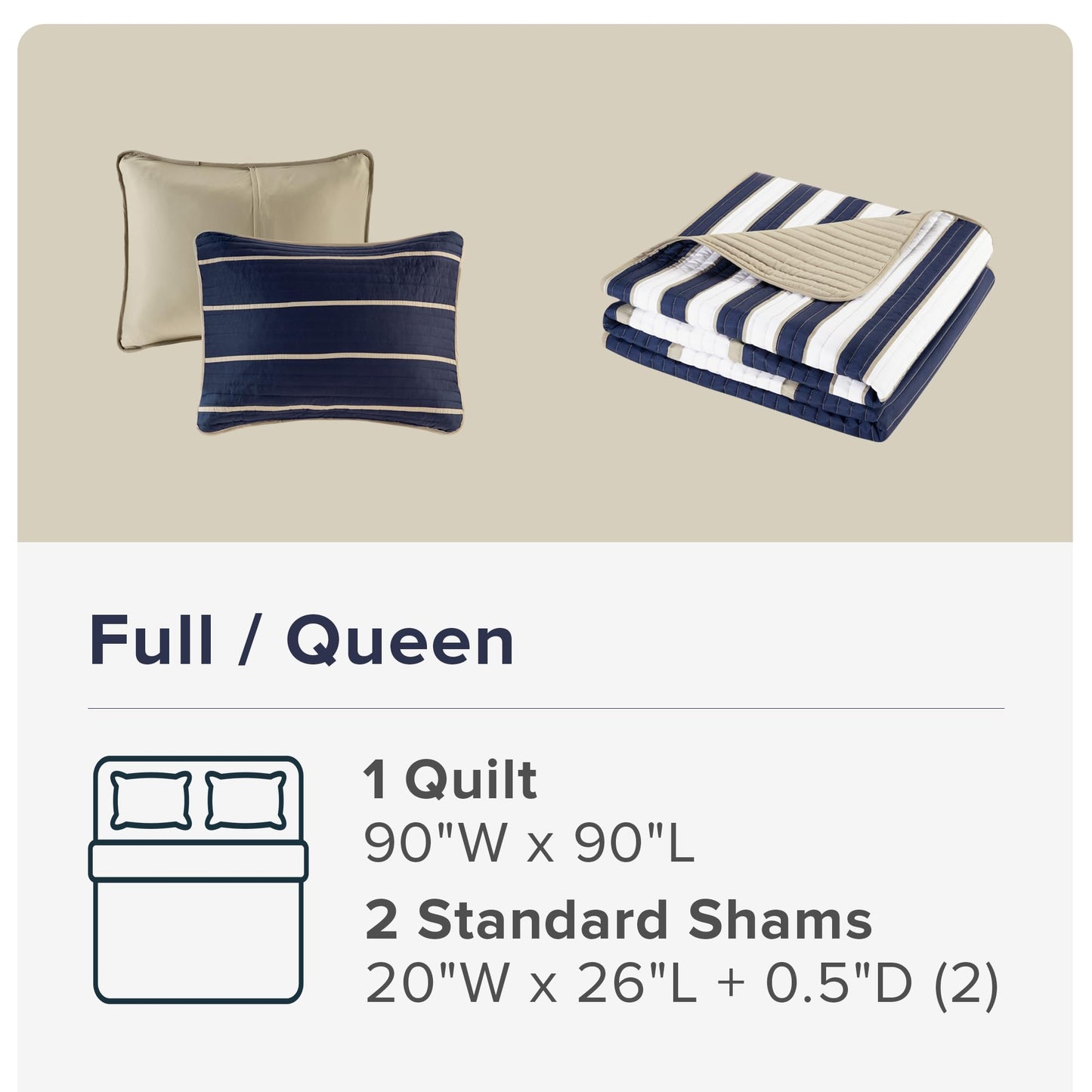 Comfort Spaces Quilt Set Trendy Casual Fun, Vibrant Color Design, Hypoallergenic All Season, Lightweight Coverlet Bedspread Cozy Kids Bedding & Sham Full/Queen Verone White Blue Stripe 3 Piece