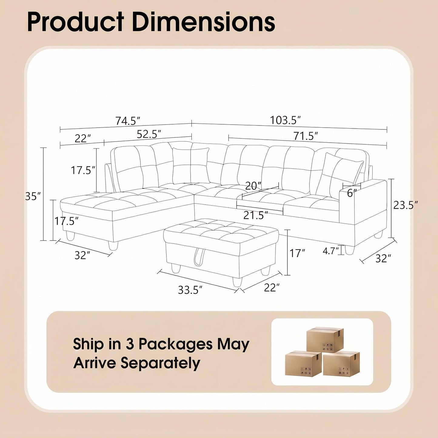 Topcomfy Leather L Shaped Sectional Couches for Living Room - 97.5“ x 66.5" Modular Sectional Sofa with Storage Ottoman, 4 Seat Home Sofa Living Room Furniture Sets with Chaise for Apartment, Brown