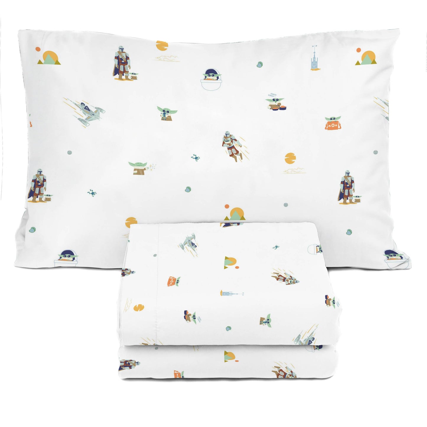 Sunny Side Up Kids Sheet Set with Fitted, Flat Sheets & Pillow Cover - Ultra-Soft Bedding with Pillowcase for Room Decor, White - Star Wars Mandalorian, 3 Piece Twin