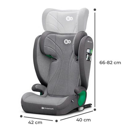 Kinderkraft JUNIORFIX2 Car Seat for 4-12 Years, I-Size 100-150 cm, Group 2/3, Toddler car seat with Isofix, Adjustable Headrest, Reinforced Side protections, Wide and Comfortable seat, Gray