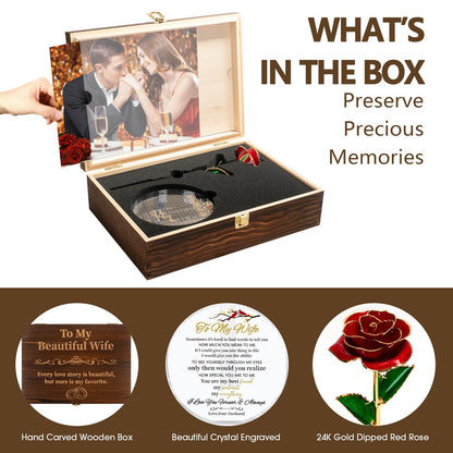EVA murmure To My Beautiful Wife Women Engraved Wooden Gift Set Includes Crystal Base 24K Gold Dipped Rose for Birthday Gifts & Anniversary