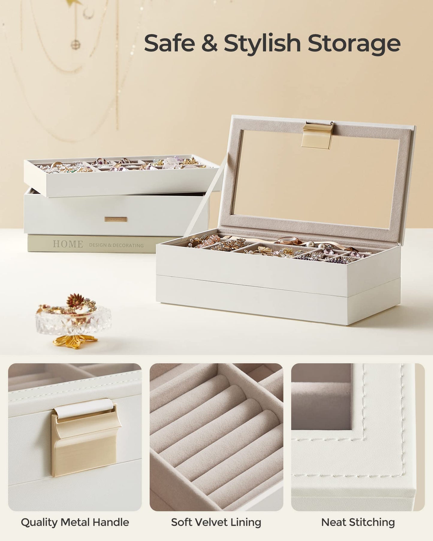 SONGMICS Stackable Jewellery Trays, 4-Tier Jewellery Box, Large Jewellery Case, Clear Glass Lid, 17 x 28 x 18.3 cm, for Dressing Table, Gift Idea, Cloud White JBC164W01