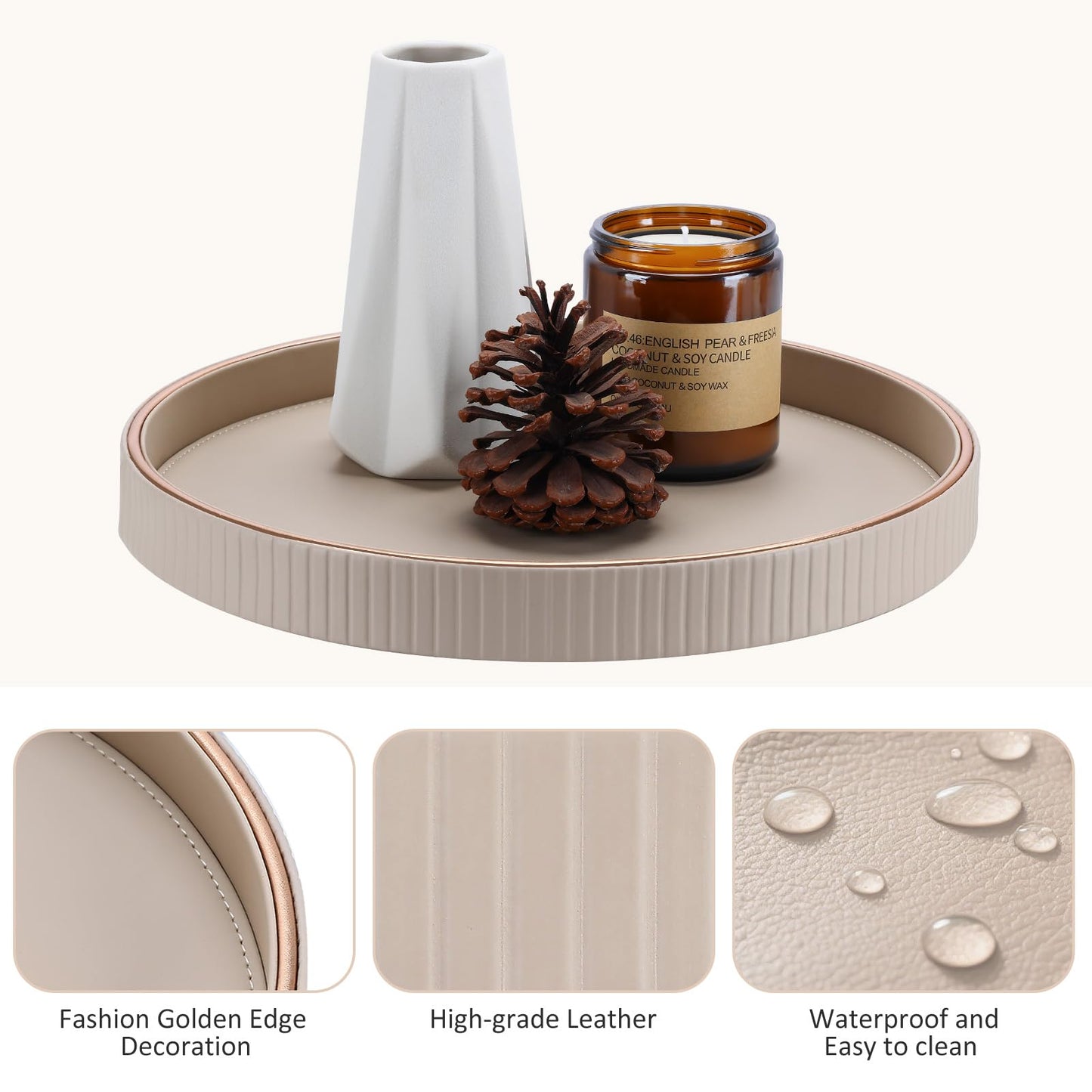 KINGFOM Round Decorative Tray, PU Leather Vanity Tray Organizer with Gold Trim for Dresser, Coffee Table & Bathroom Counter, Modern Home Decor Jewelry & Perfume Tray for Men Women (Beige)