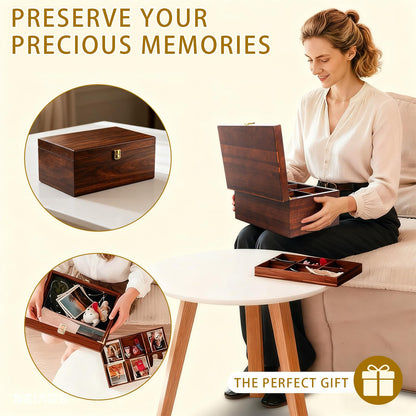 NLGQ Large Wooden Storage Box with Adjustable Tray, 12.5 IN Acacia Wood Keepsake Box with Lid for Storage Trinkets, Jewelry, Card, Photo, Wooden Decortive Case for Home 12.5x9.4x6.1 IN -WB006-X Large
