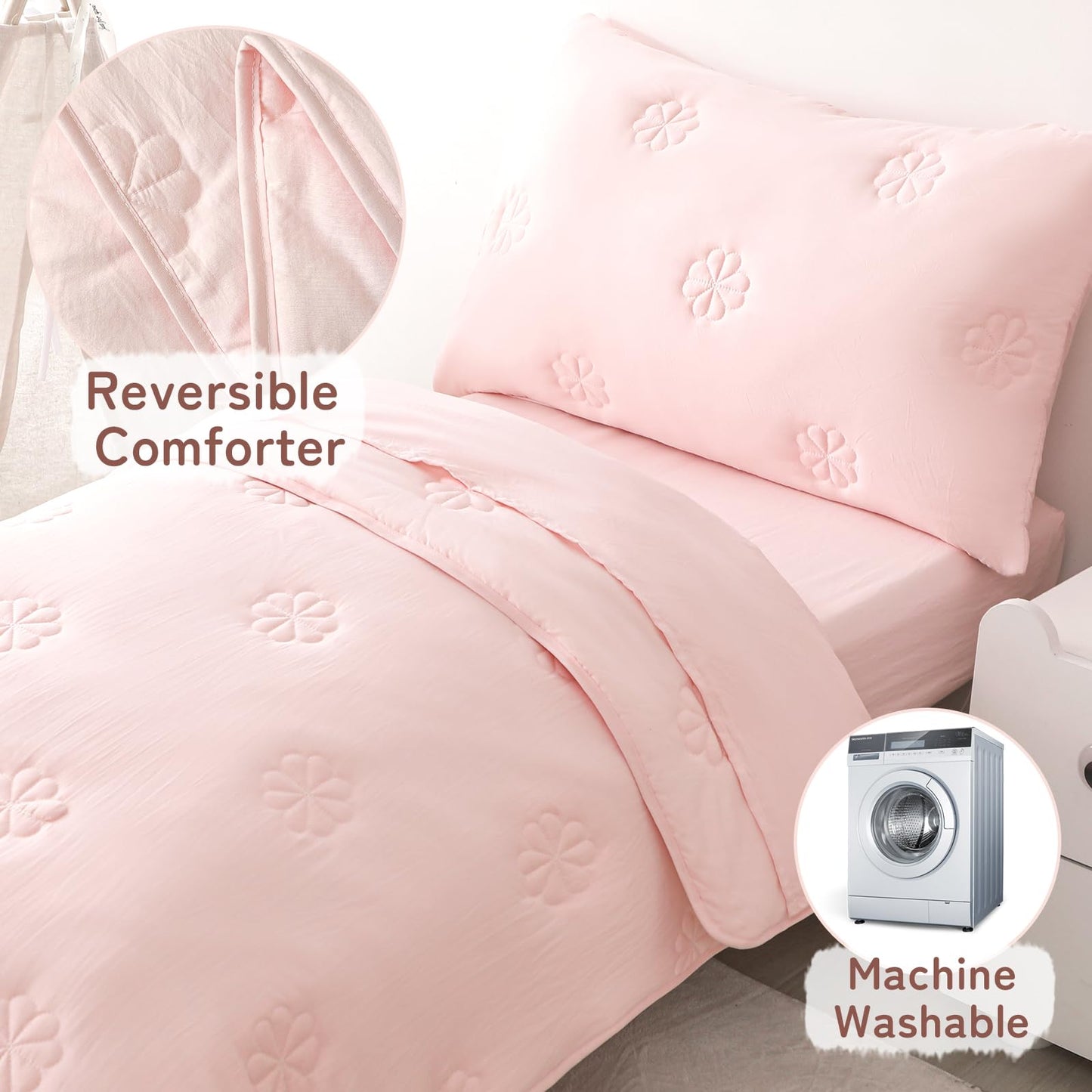 DreLunis Pink Toddler Bedding Sets for Girls, 4 Pieces Soft Microfiber Floral Embroidery Toddler Bed-in-a-Bag Includes Soft Comforter, Flat Sheet, Fitted Sheet, Envelope Pillowcase