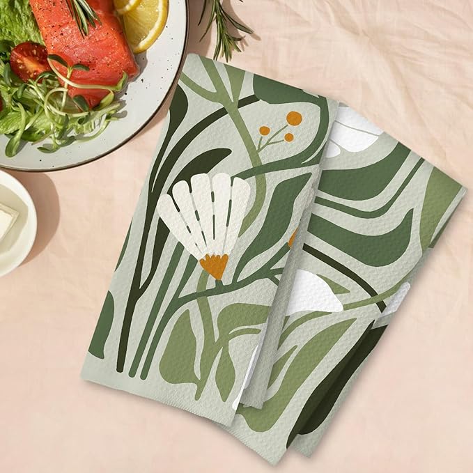 Abstract Boho Sage Green Floral Kitchen Towels Set of 2, 70s Retro Groovy Boho