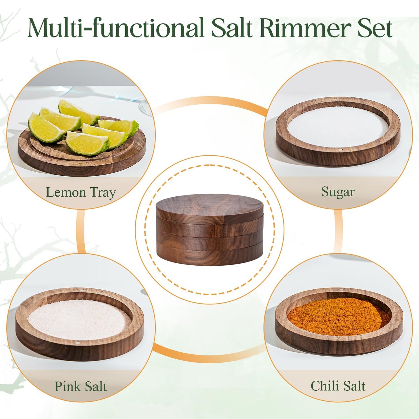 USEEKRIL 1 Pack 3-Tier Walnut Wooden Margarita Salt Rimmer Set,Salt&Sugar Rimmer for Cocktails Drinks,Cocktail Glass Rimmer Tools with Magnetic Swivel Lid for Bartenders,Home Bar,Parties