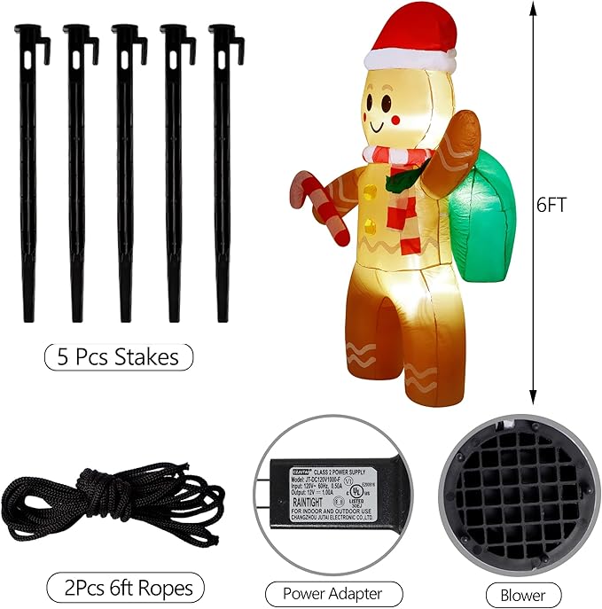 Christmas Inflatables 6 Ft Gingerbread Man with Gift Bag and Candy Cane, LED Lights Blow up Xmas Decorations for Indoor Outdoor Yard Garden Lawn Holiday Party Decor