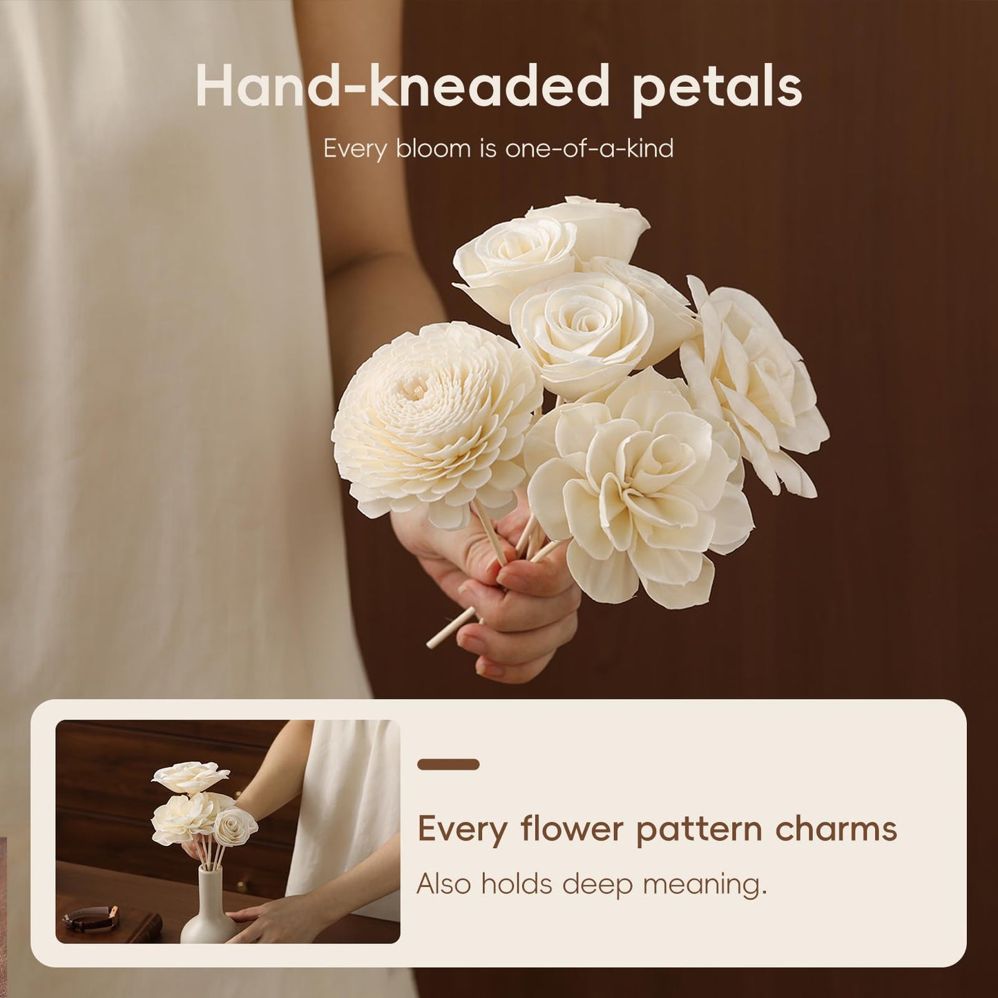 Flower Reed Diffuser Sola Wood Flowers Natural Material Aromatherapy Reed Decorative Aromatherapy Flower Refill Diffuser Reeds, 7Pcs Flower, 7Pcs Rope, 8 Pcs Diffuser Rattan (2-3.5 Inches, White)