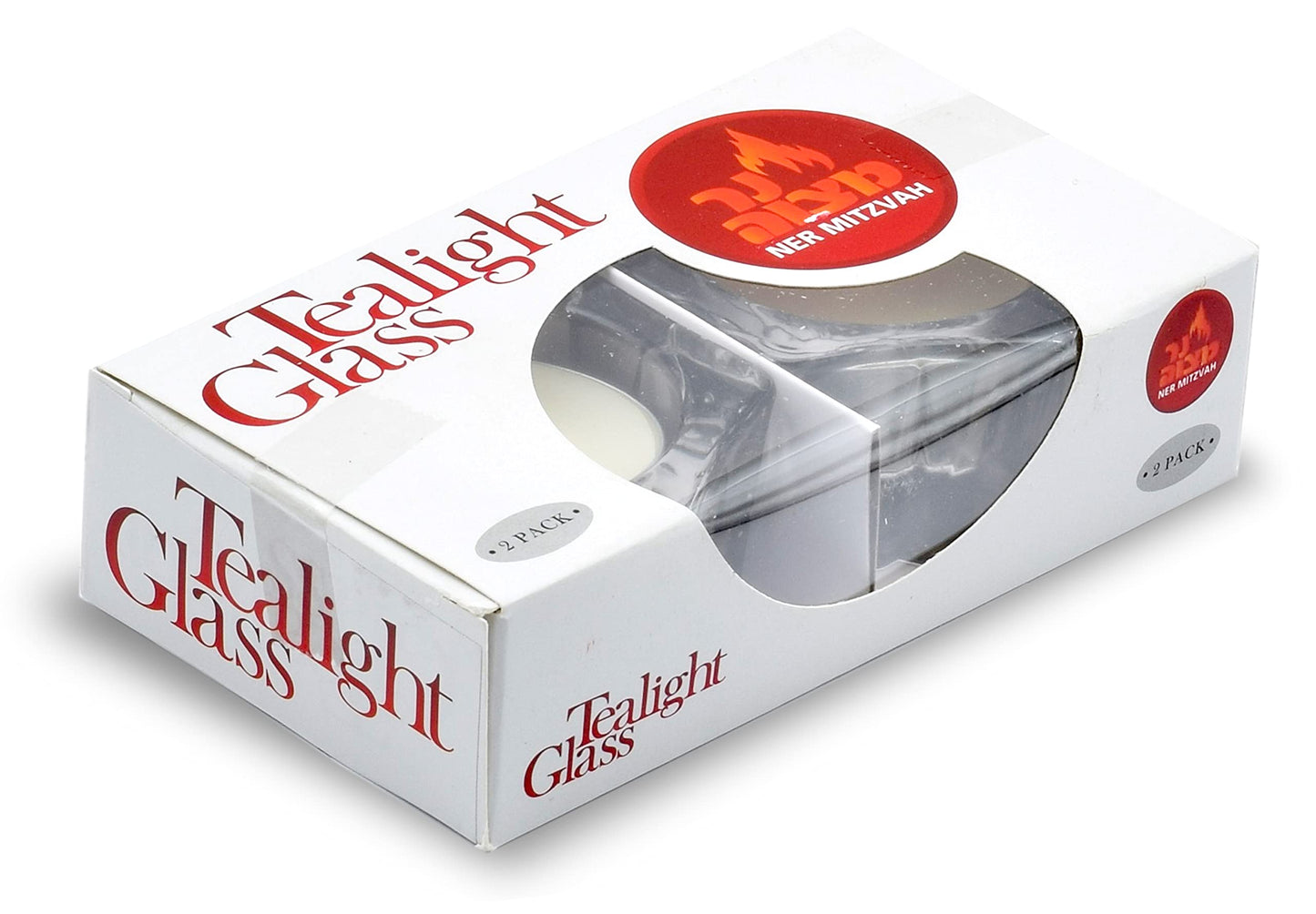 Ner Mitzvah Tea Light Holders with Tealight Candles - 2 Pack Crystal Glass Tealight Candle Holder for Candelabra and Candlesticks - Safety Rubber Set Included - Fits All Standard Tealights