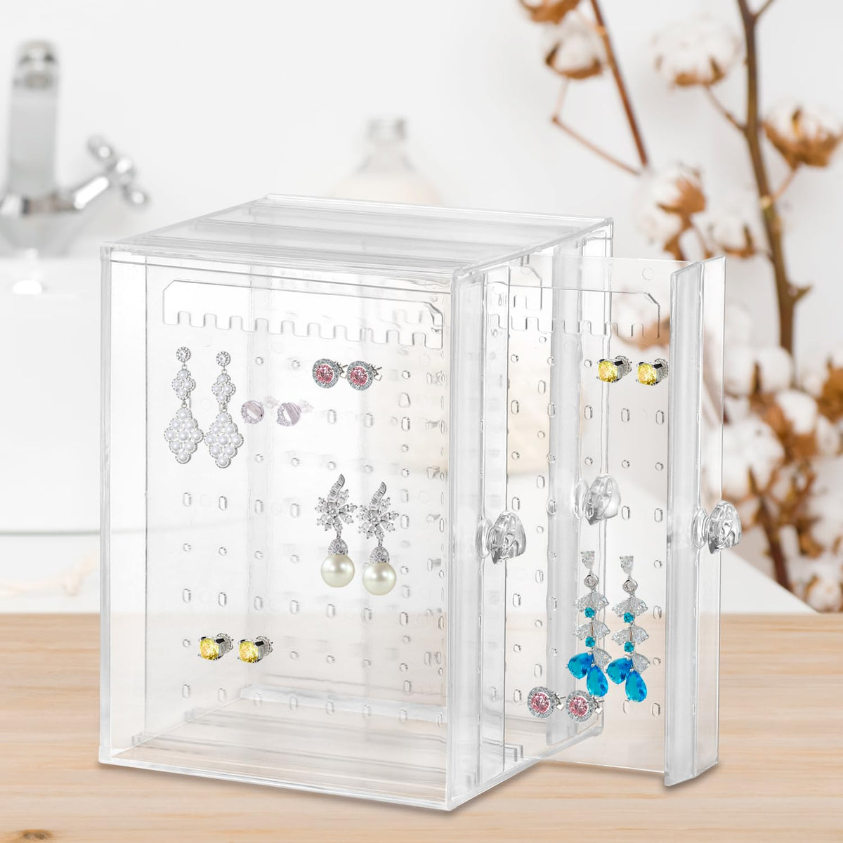 QWORK Clear Acrylic Jewelry Storage Box - Earring Display Stand Holder with 3 Vertical Slide-Out Drawers, 216 Earring Holes & 36 Necklace Grooves