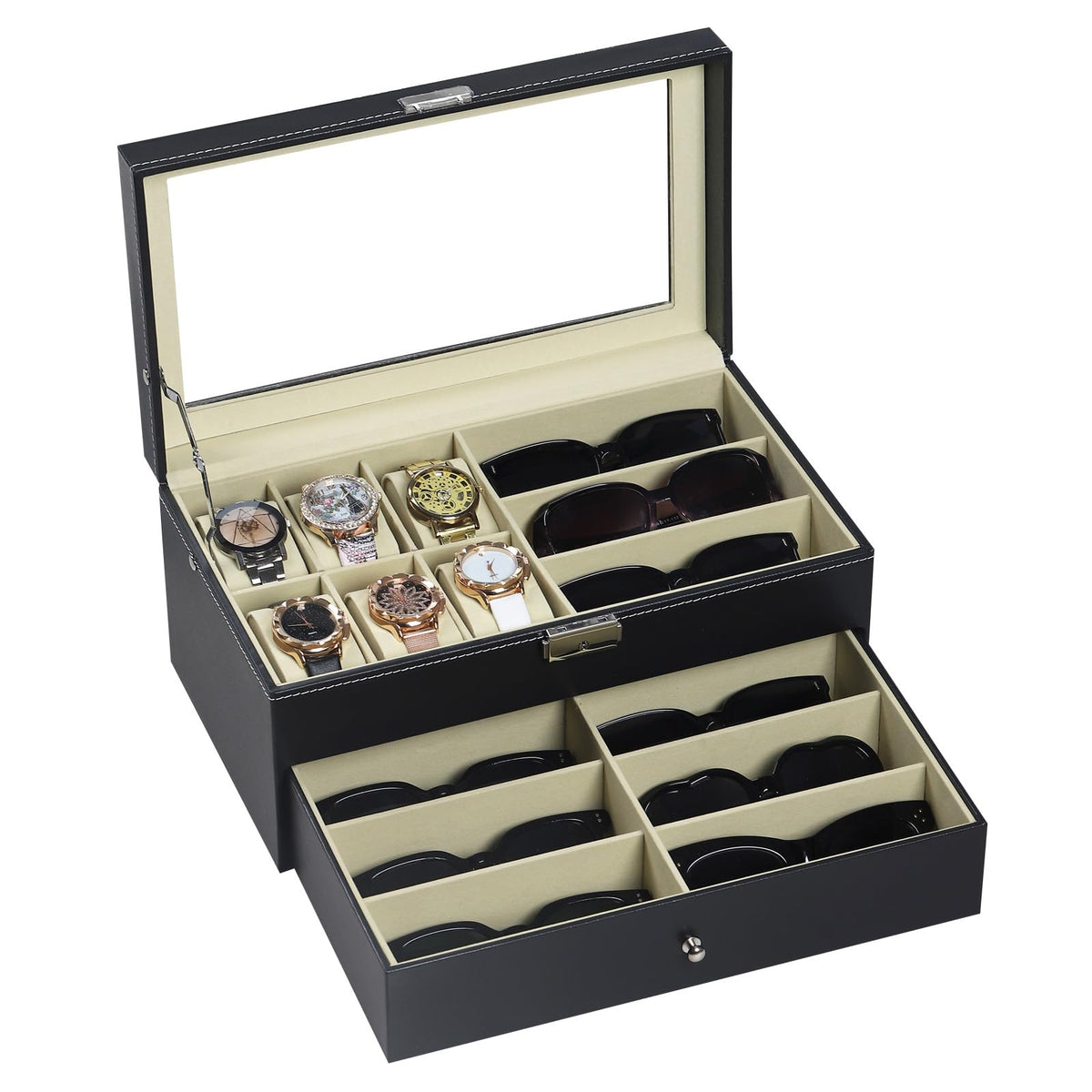 AUTOARK Leather 6 Watch Box Jewelry Case and 9 Piece Eyeglasses Storage and Sunglass Glasses Display Drawer Lockable Case Organizer,Black,AW-048