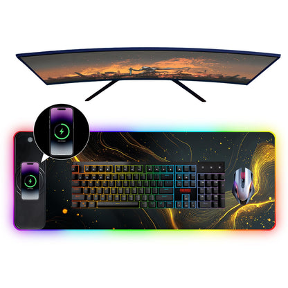 Wireless Charging RGB Gaming Mouse Pad, 31.5 x 11.8 Inch Extended Mouse Mat with Black & Gold Abstract Wave Design, LED Desk Pad with 7 Lighting Modes, Non-Slip Base for Gaming & Office