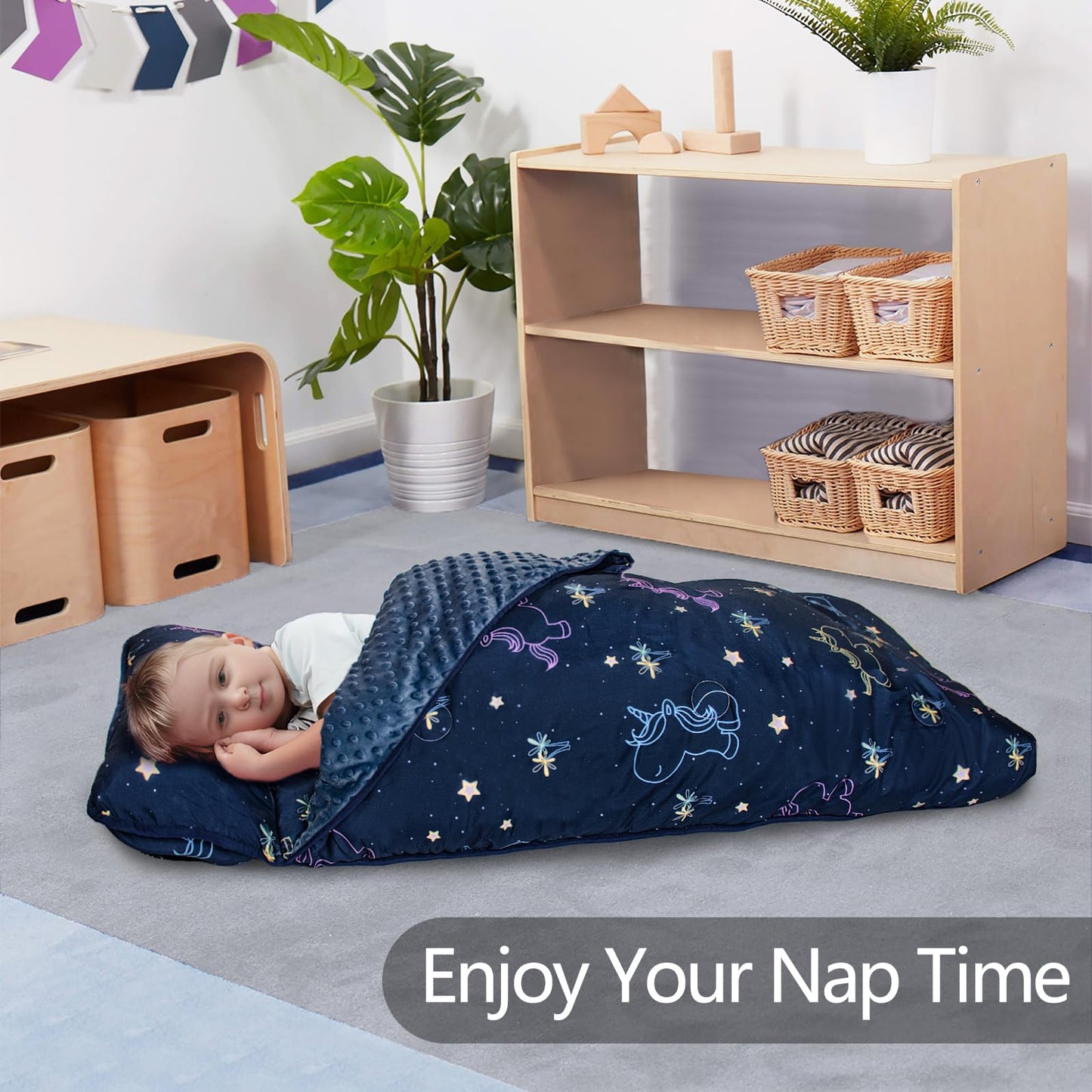 Primlect Thickened Toddler Nap Mat with Removable Pillow and Minky Blanket, Extra Large 55''x35'' Sleeping Bag, Washable, Roll up, Perfect for Daycare, Preschool, Kindergarten, Boys and Girls Unicorn