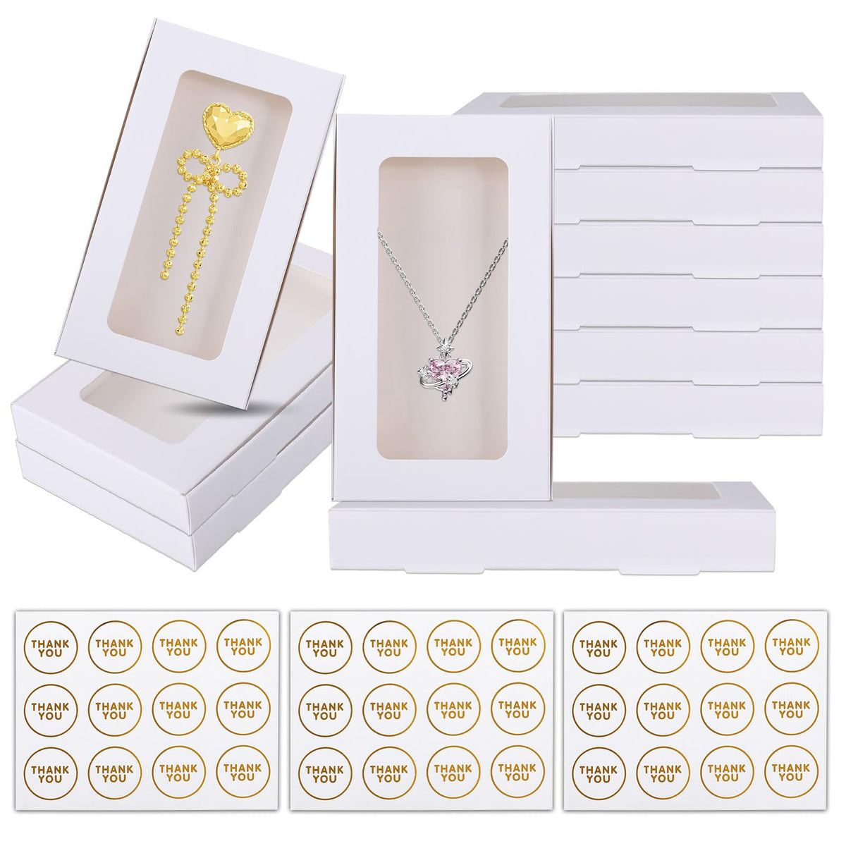 30 Pcs Jewelry Gift Boxes 3.15"X5.35"X0.7" Paper Necklace Box Bulk Jewelry Box with Clear Window 30 Display Card 36 Sticker Small Gift Boxes for Displaying Necklaces Christmas Birthday Wedding
