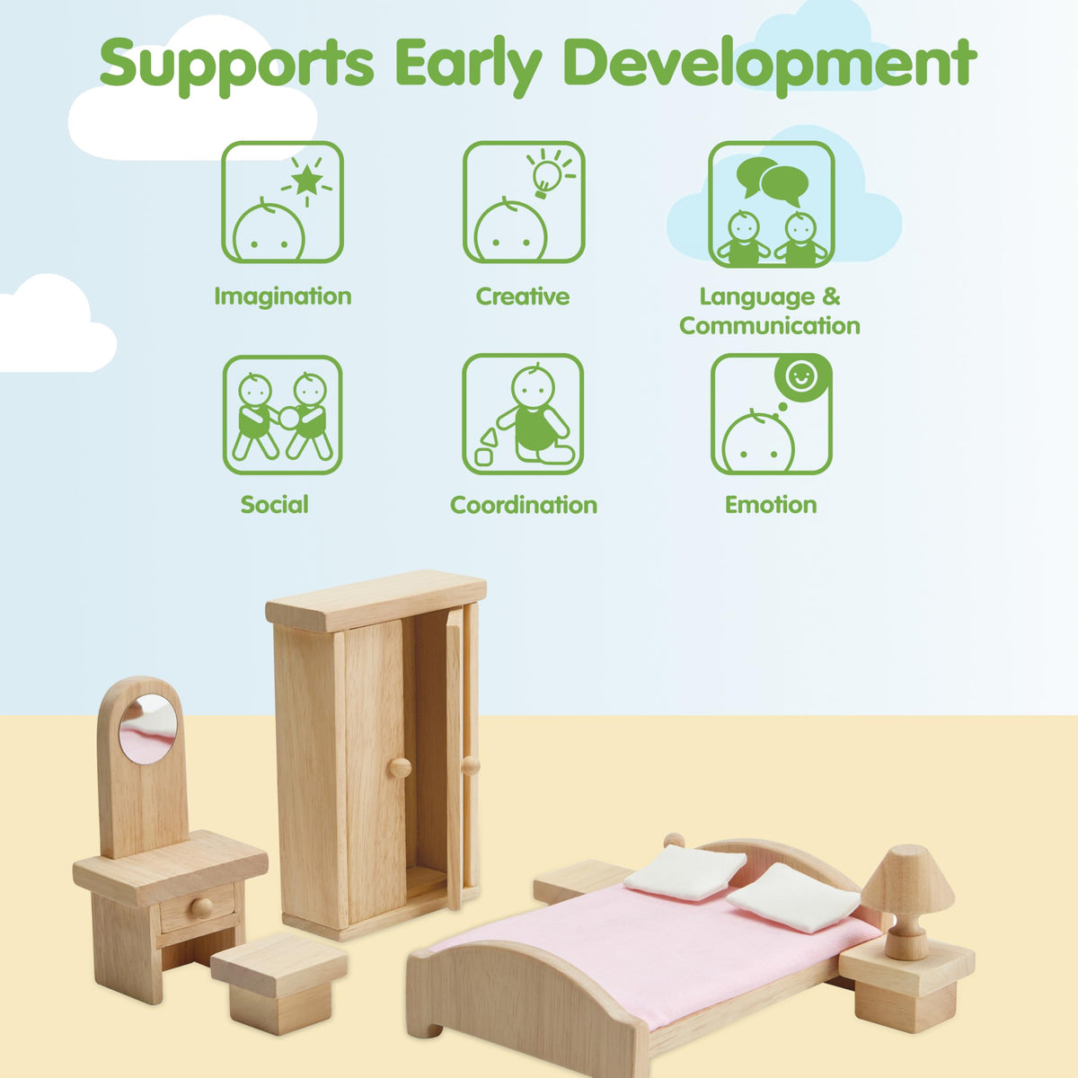 PlanToys® Classic Dollhouse Bedroom Furniture Set | Eco-Friendly Wooden Dollhouse Accessories for Kids | Includes Bed, Closet, Vanity, Chairs & Lamp | Pretend Play Montessori Toy