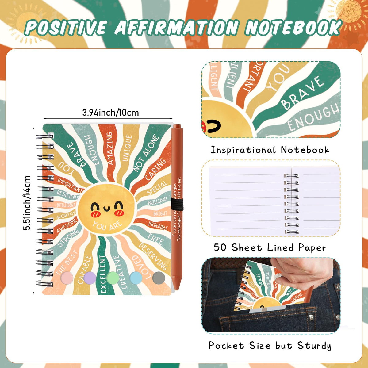 Janlaugh 40 Pcs Mental Health Gifts for Women Men Self Care Items Bulk Include 20 Mental Health Notebook with Sticky Note 20 Positive Pens Affirmation Journals Wellness Gifts for Coworkers Teachers