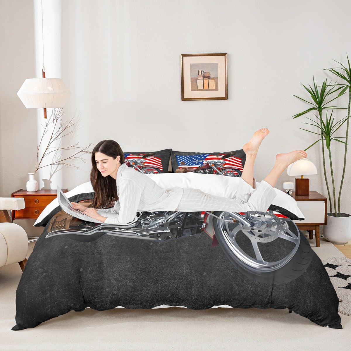 American Flag Duvet Cover Set King,Motorcycle Bedding Set 3pcs for Kids Teens Boys Girls Adult Room Decor,Eagle Animal Comforter Cover Brown Quilt Cover with 2 Pillowcases