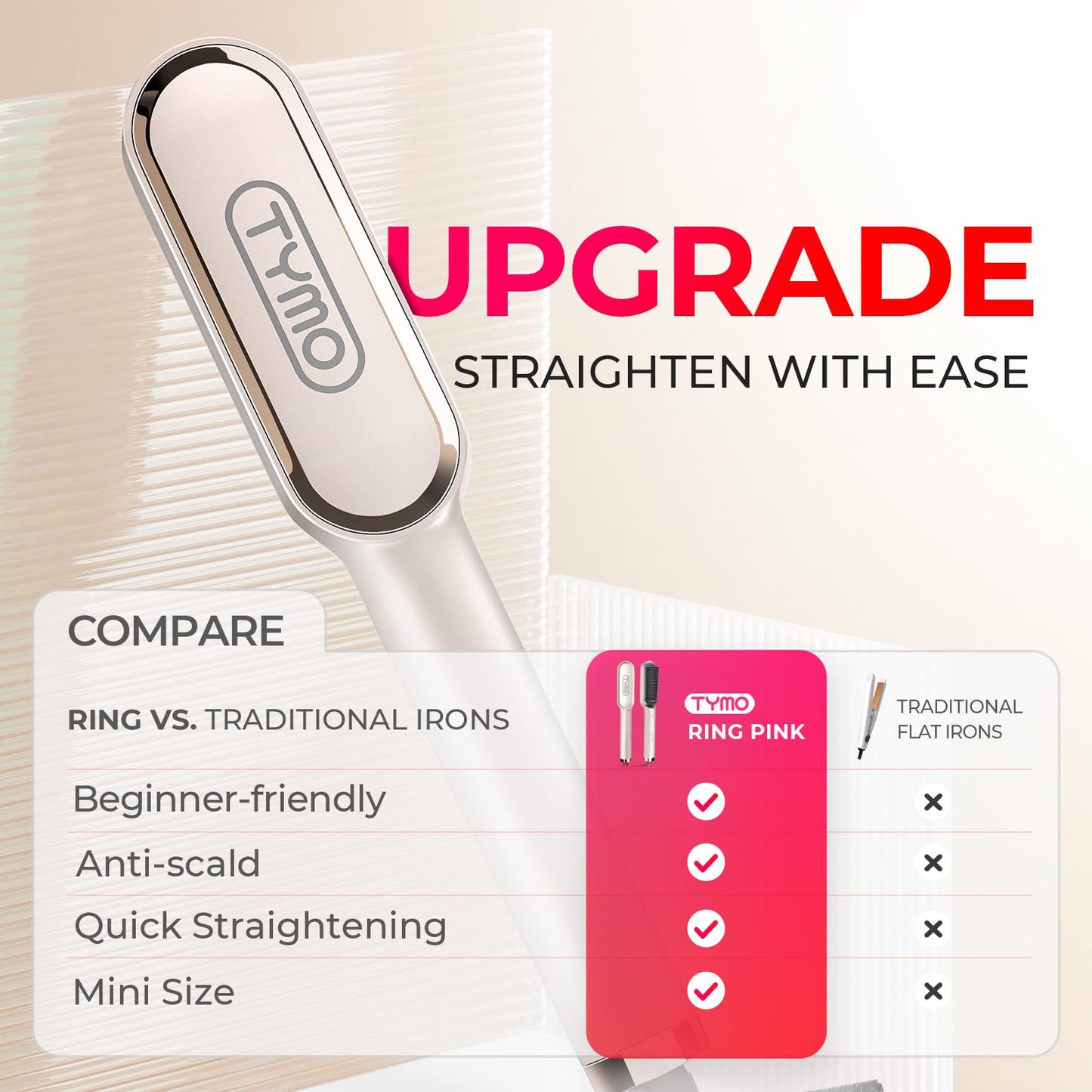 Hair Straightener Brush, TYMO Ring Hair Straightener Comb Straightening Brush for Women with 5 Temps 20s Fast Heating & Dual Voltage, Black