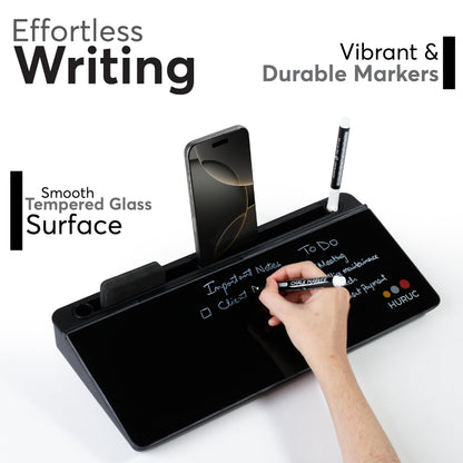 HURUC Small Glass Desktop Whiteboard with Storage,15.3"x7.08"x2.16" inch Desktop Dry Erase Board with Markers & Duster, Desk White Board Buddy Organizer for Home, Office, School (Black)