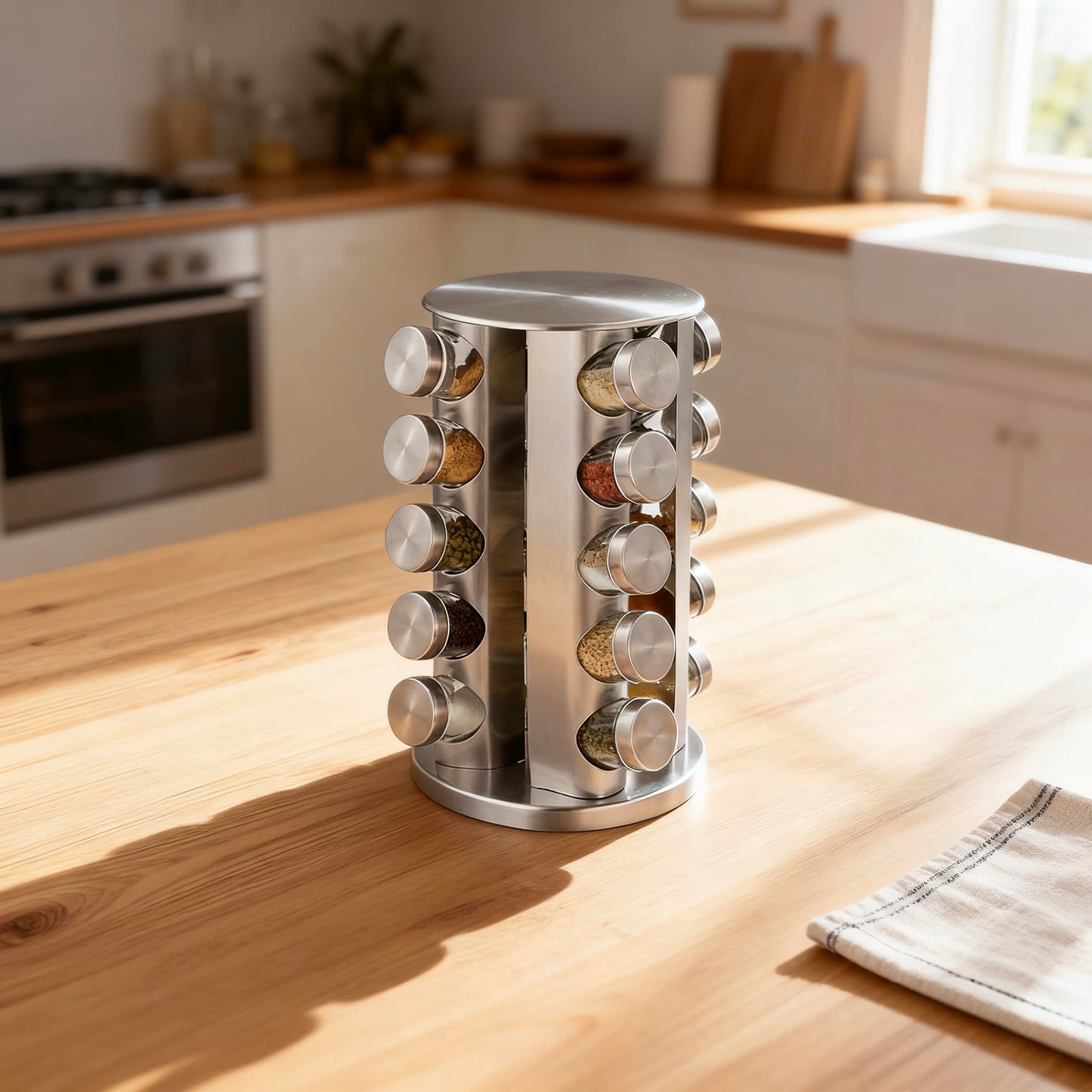 Wintline 20-Jar Revolving Spice Rack, Stainless Steel Seasoning Organizer for Cabinet or Countertop, with Black Caps