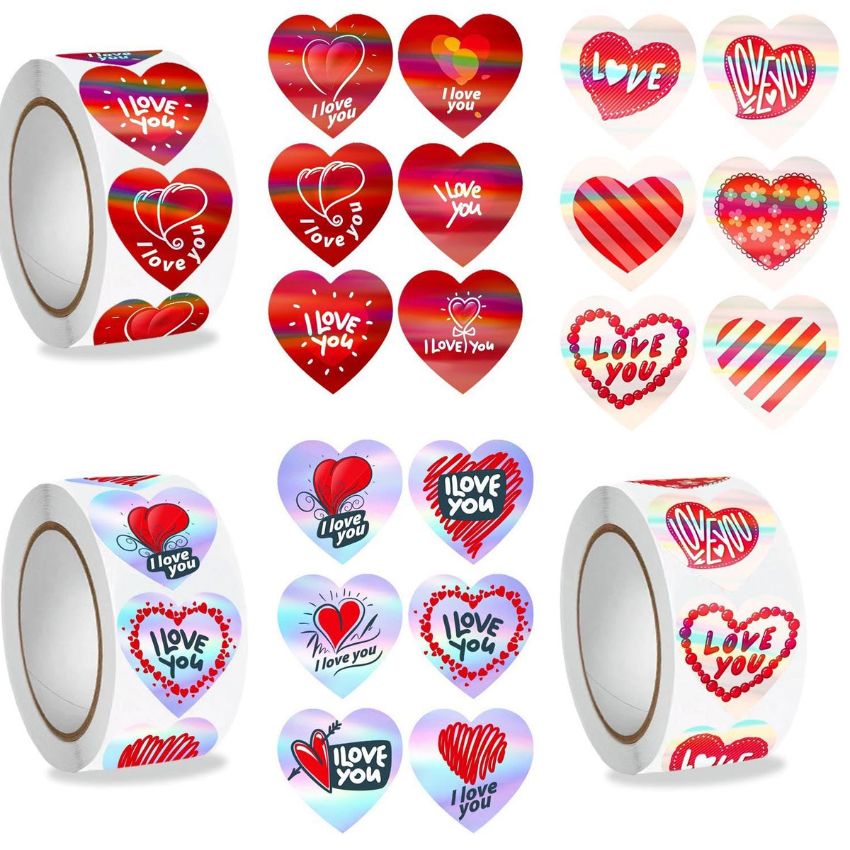 Glitter & Holographic Red Heart Shaped Stickers with “I Love You “Stickers 600PCS 1" 18 Designs for Valentine's Day, Mother's Day Gifts, Wedding Decor, Envelopes,Invitations & Scrapbook